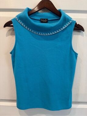 Rafaella Womens Turquoise Blue Ribbed Sleeveless Roll Neck Knit Top Size SP
